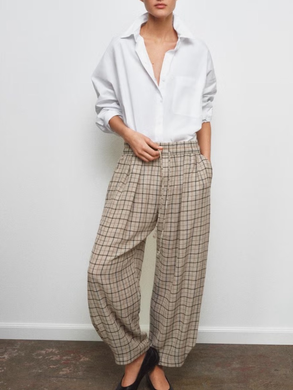 Zara Beige Plaid High-Rise Wide Leg Trousers